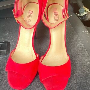 Red Suede Open Toe Stilettos with Wide Ankle Strap